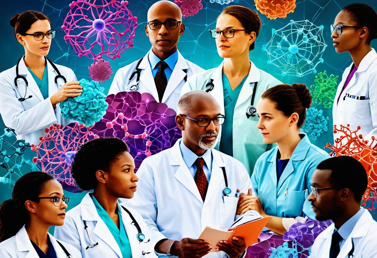 A dynamic collage showcasing a variety of medical professionals engaged in cancer research, with vibrant colored graphics of molecular structures and healthy cells intertwined. In the foreground, a diverse group of patients and doctors in discussion, conveying hope and innovation. Background elements include abstract representations of treatment methods, such as radiation and chemotherapy. The overall mood should be informative yet uplifting, symbolizing advancements in oncology. super-realistic. vibrant colors. 3D.