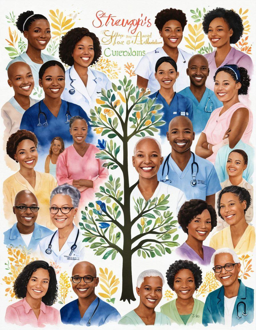 A collage of diverse cancer survivors smiling, surrounded by supportive healthcare professionals and family members, with empowering phrases like 'Strength', 'Hope', and 'Support' integrated into the background. Soft, warm lighting to evoke a sense of comfort and resilience. Include symbols of strength, such as a ribbon and a tree growing from a seed. watercolor painting. bright, uplifting colors.